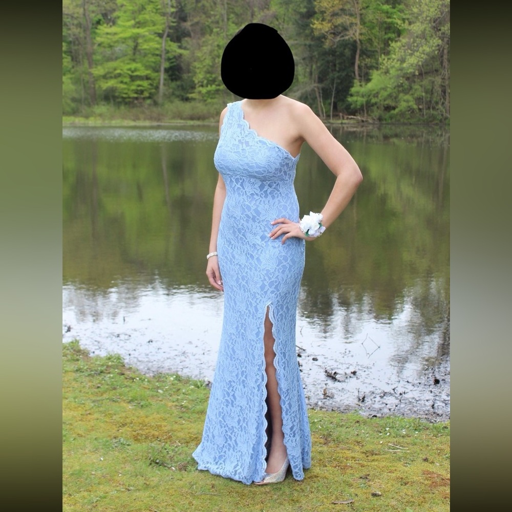 Morgan & Co. periwinkle one shoulder prom dress (size 11)